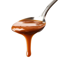 Spoon with caramel sauce on transparent background
