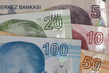 Various Turkish Lira Banknotes Close Up