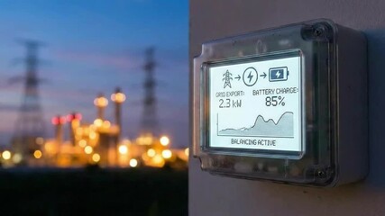 battery storage efficiency grid concept. Smart energy monitor displaying battery charge and statistics at dusk. - Powered by Adobe
