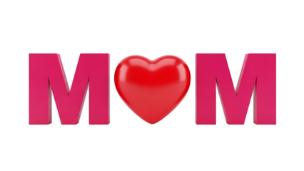 Pink letters spelling "MOM" with red heart