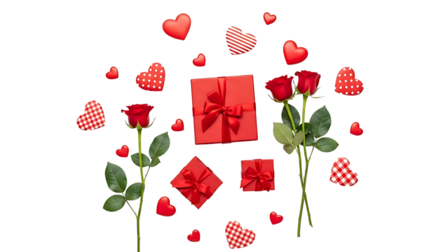 Red roses, gift boxes, and hearts on checkered background - Powered by Adobe