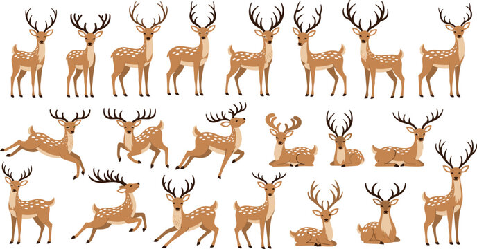 Set of cute spotted deer in various poses, flat vector illustration of woodland animals jumping standing and resting