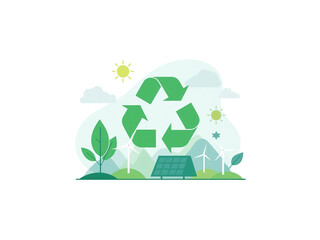 Recycle Symbol with Leaves, Water, and Eco Icons on White