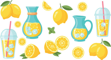 Set of fresh lemonade drinks and lemons, cold summer beverages in glass jars and plastic cups vector illustration © Firoz