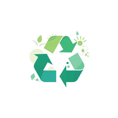 Recycle Symbol with Leaves, Water, and Eco Icons on White