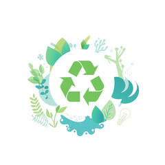 Recycle Symbol with Leaves, Water, and Eco Icons on White
