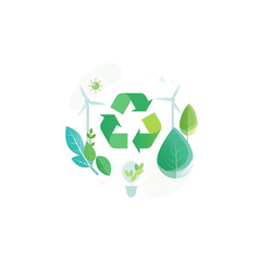 Recycle Symbol with Leaves, Water, and Eco Icons on White