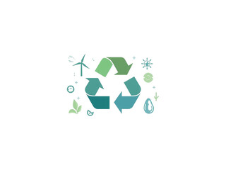Recycle Symbol with Leaves, Water, and Eco Icons on White