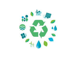 Recycle Symbol with Leaves, Water, and Eco Icons on White