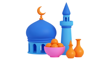 Blue mosque, tower, oranges, and vases on checkered background