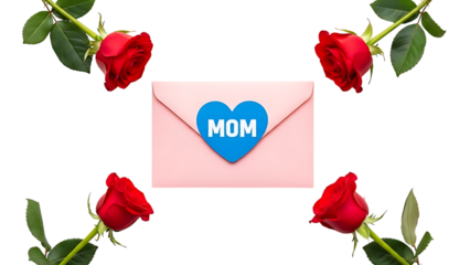 Pink envelope with blue heart and roses
