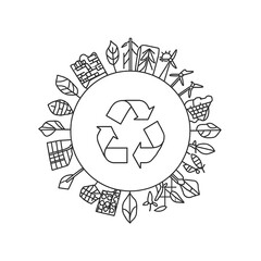 Line Art Earth with Solar Panels, Wind Turbine & Recycle Symbols