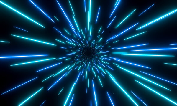 Abstract star field, hyperspeed tunnel in blue, loop animation. Glowing light trails, futuristic, lines, illuminated, design, time travel, science fiction, flying through space.