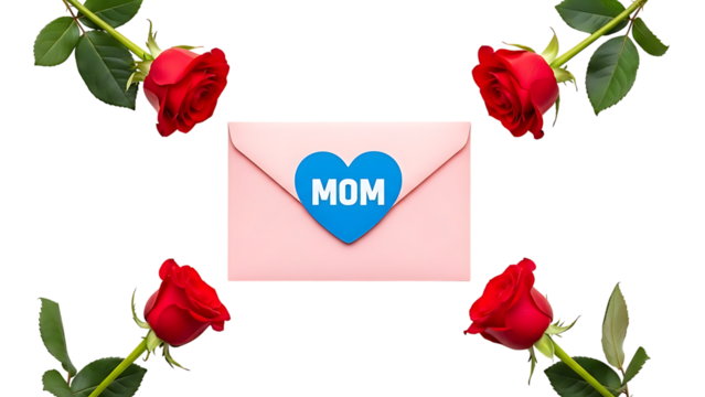 Pink envelope with blue heart and roses - Powered by Adobe