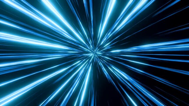 Abstract star field, hyper speed tunnel in blue, light beam, loop animation. Glowing light trails, futuristic, lines, illuminated, design, time travel, science fiction, flying through space.