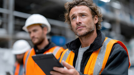 Two construction workers in safety gear collaborate on a project at a construction site, emphasizing teamwork and professionalism in the labor and construction industry.