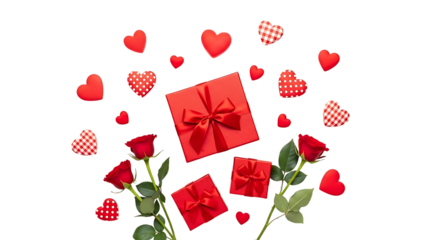 Red gift boxes, roses, and hearts on checkered background