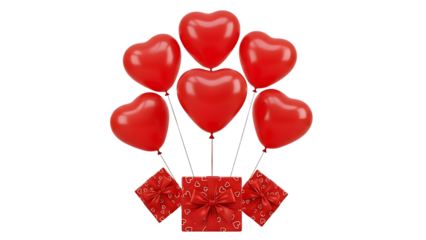 Six red heart-shaped balloons with gift boxes