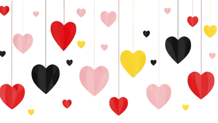 Colorful hearts hanging on strings against a grid background