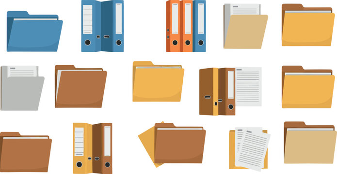 Set of office file folders and ring binders with documents, flat vector illustration of archive and paperwork organization