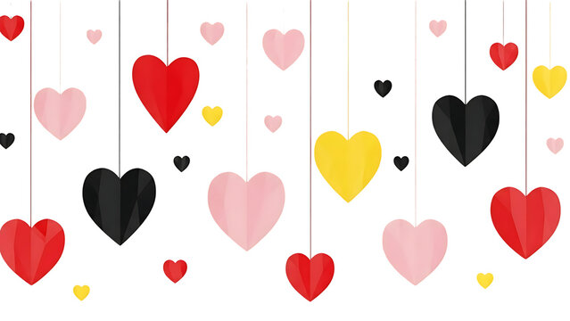 Colorful hearts hanging on strings against a grid background - Powered by Adobe