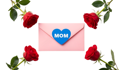 Pink envelope with blue heart and red roses