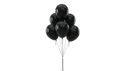 Six black balloons floating against a transparent background