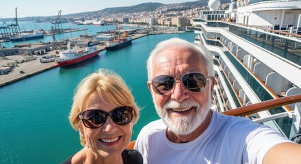 Seafaring Delight: A senior couple embraces the sun, capturing a joyful selfie on a cruise ship against a scenic port backdrop, radiating the spirit of adventure and travel.