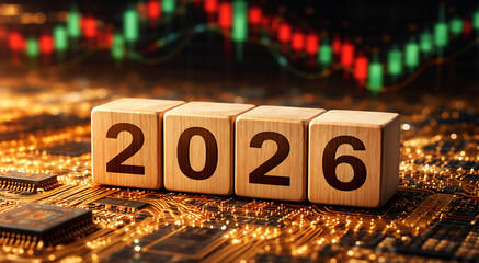 Financial technology (Fintech) and investment forecast for the year 2026. Wooden blocks on a circuit board with a stock market chart background.