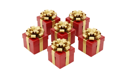 Six red gift boxes with gold ribbons and bows