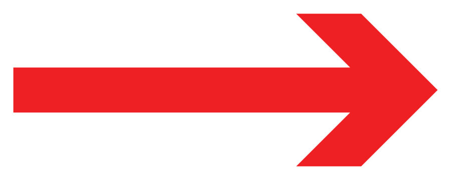 Rightward red long arrow illustration. Red arrow pointing right. Long arrows icon set. Vector set of trendy long arrows right in flat style. 