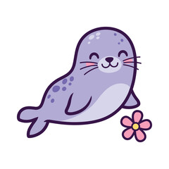 Adorable Cartoon Seal with Flower Illustration