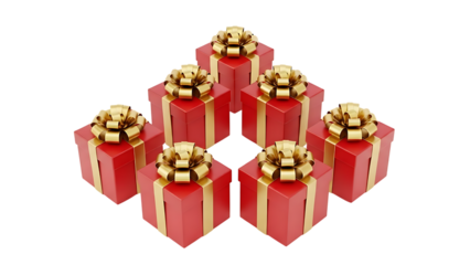 Seven red gift boxes with gold ribbons in a circle