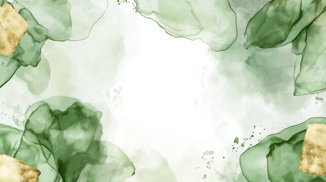 Abstract dusty blush liquid watercolor background with golden crackers. with green Paint Stains on a White Background , design template for card ,wedding invitation or birthday, ai generaed