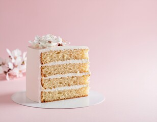 Elegant Slice of Layered Vanilla Cake with White Frosting and Sprinkles on a Soft Pink Background