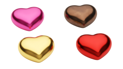 Four metallic heart shapes in different colors