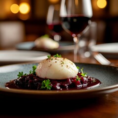 Exquisite Gourmet Burrata Dish with Beetroot Pur&eacute;e and Red Wine in a Fine Dining Restaurant