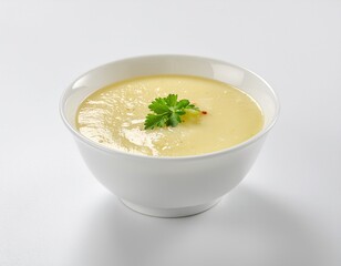 Warm bowl of creamy blended vegetable soup garnished with fresh green parsley