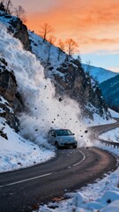 Avalanche hitting mountain road with car trapped in snow slide winter disaster