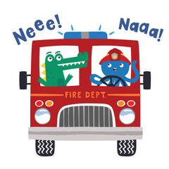 Fire Engine With Cartoon Animals