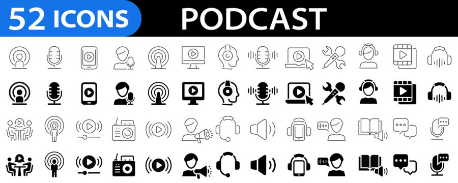 Podcast web icons in flat style. Containing audio, microphone, record, podcasting, radio, webcast, audio, video, news, broadcasting, entertainment icons. Editable stroke. Vector illustration