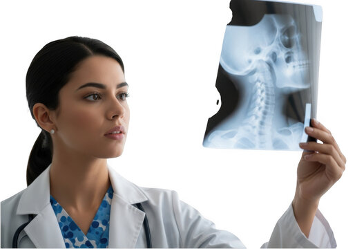 Doctor examining spine x-ray isolated on transparent background