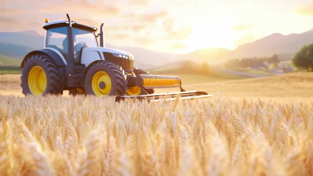 Golden Field Harvest: A robust tractor cuts a swathe through a golden field of wheat. The sun rises over the horizon, painting the scene with warm hues. 