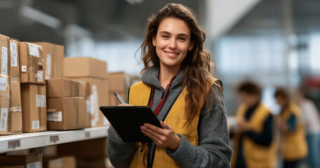 warehouse worker woman with clipboard checking parcels logistics inventory management and ecommerce fulfillment operations