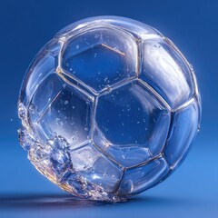 Naklejka premium Surreal Shattered Glass Soccer Ball with Cracks and Broken Pieces on Blue Background: Concept of Fragility, Sports Injury, and Game Over