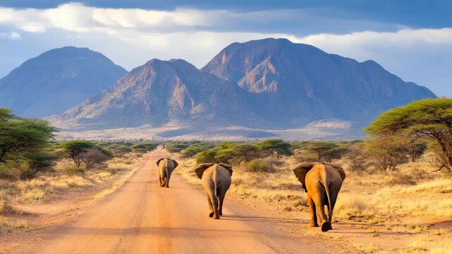 Journey of the Elephants: A breathtaking panorama unfolds as three majestic elephants embark on a journey along a dusty road, set against a backdrop of distant mountains under a dramatic sky.