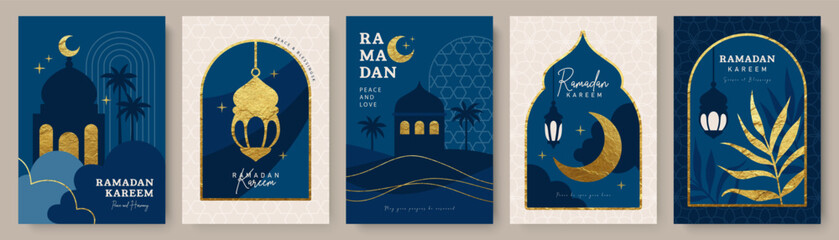 Set of elegant Ramadan Kareem greeting card designs in luxury style, featuring gold foil mosque silhouette, crescent moon, and lanterns on navy blue background, vector illustration.