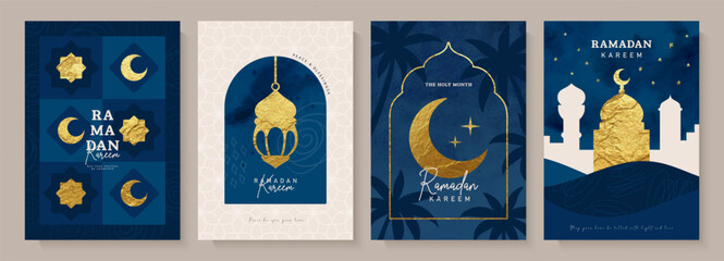 Set of Islamic greeting card designs for the holy month of Ramadan, with golden textured crescent, stars and mosque dome in artistic modern style with watercolor texture, vector illustration.