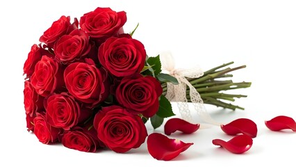 St. Valentine's Day concept: a tightly-bound bouquet of deep scarlet roses, placed off-center on a stark white background