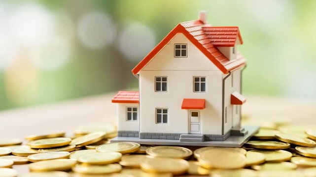 Dream Home: A model home sits atop a glistening bed of gold coins, set against a blurred backdrop of verdant nature. Symbolizing the realization of aspirations